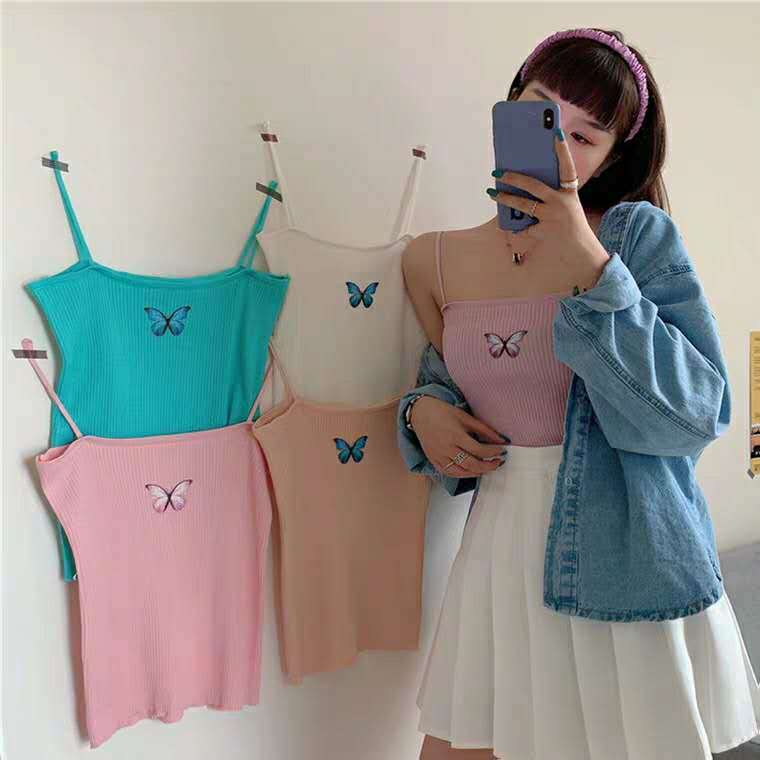 Knitted Sling Vest Women's Outer Wear Bottoming Shirt Short Butterfly Print Top