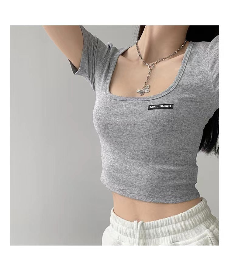 Square Neck Collarbone Tight Base Summer Hot Girl Short-sleeved Slim Top