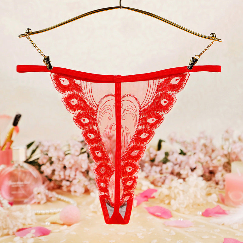 Women's Sheer Mesh Embroidered Peacock Tail Simple Briefs