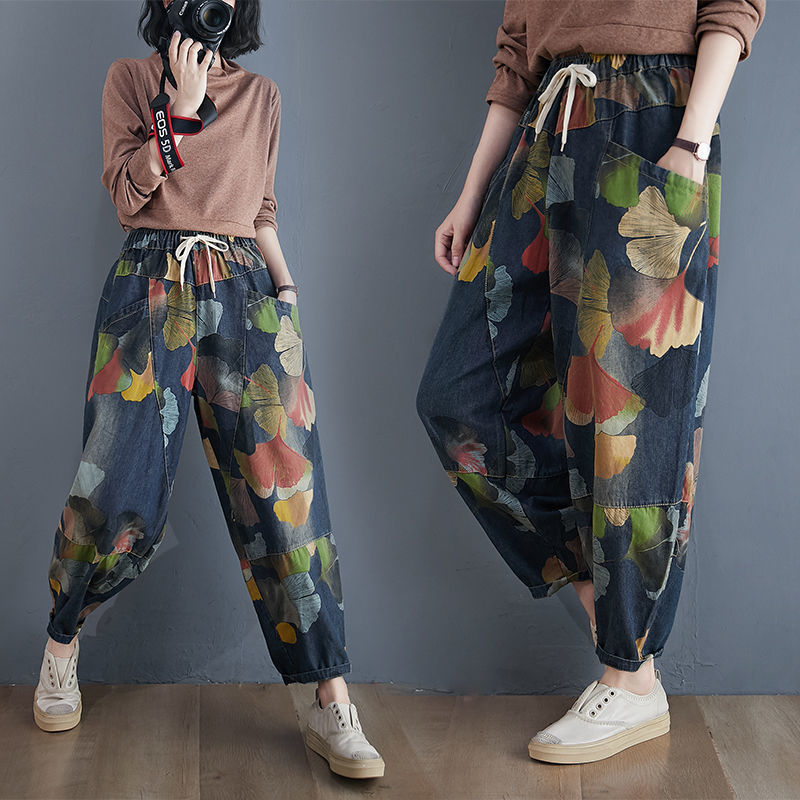 Women's Retro Loose Plus Size Print Jeans