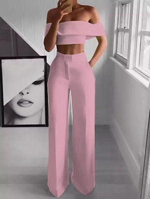 Omulka Flounces 2-Piece Women's Cropped Top And Wide-leg Pantsuit Fall  Office Women's Shiny Green Set