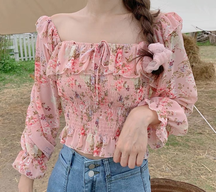 Sweet Floral Chiffon Printing Set Head Temperament