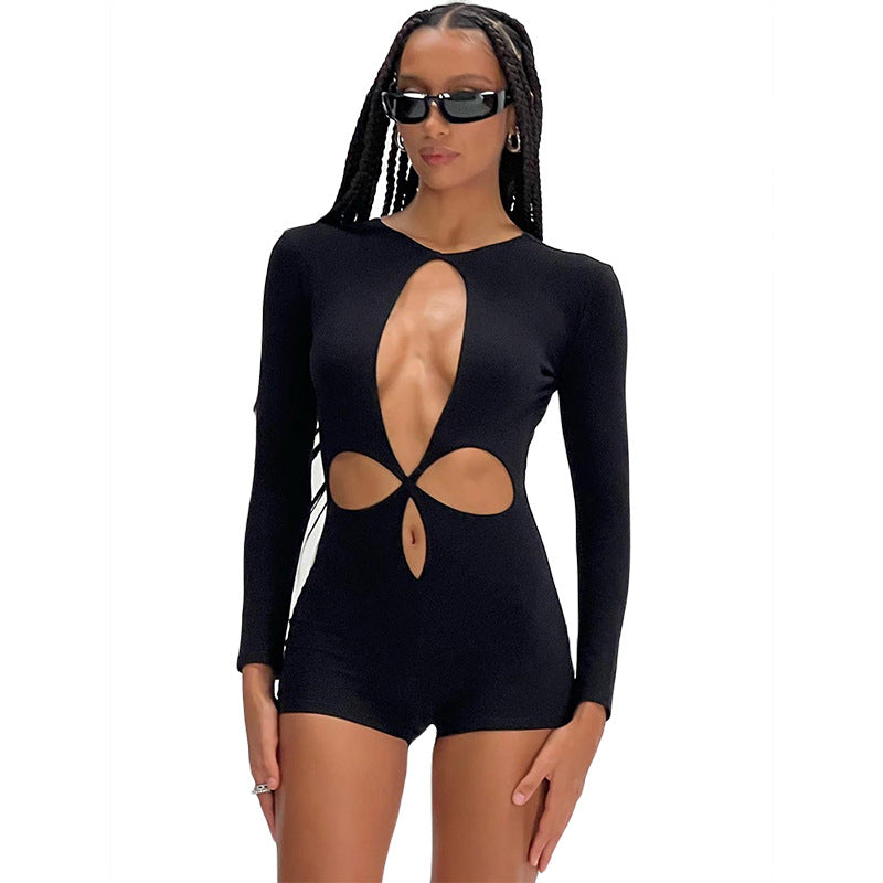 Women's Round Neck Long Sleeve Fashion Hollowed-out Sheath Jumpsuit Casual Pants For Women