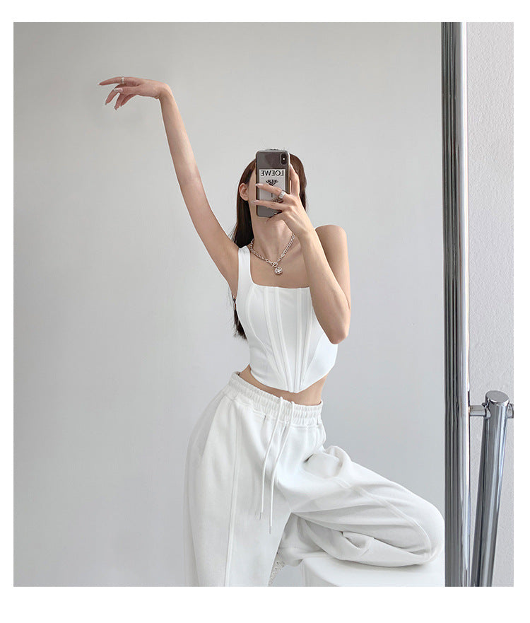 Square Collar Fishbone Waist Girdle Spaghetti-strap Camisole Top
