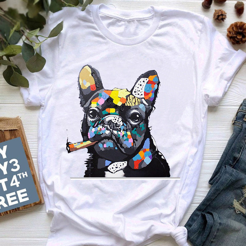 Summer New Style French Bulldog Print T-shirt Female Cute Cartoon Bulldog
