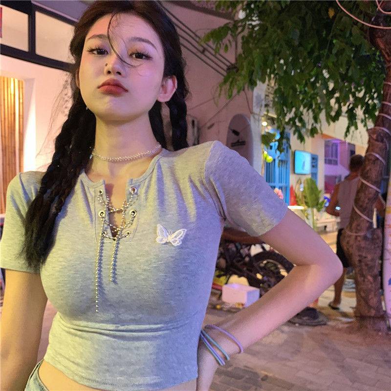 Chain Strap Ins Black Short-sleeved T-shirt Female