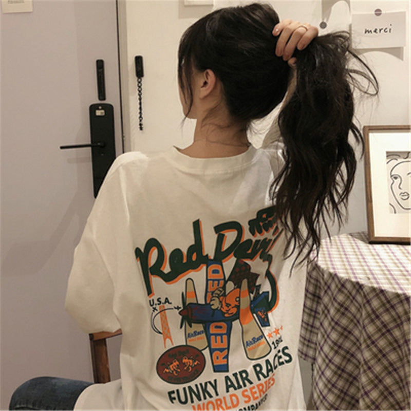 Clothes Cartoon Print Loose Short-sleeved Apricot Top