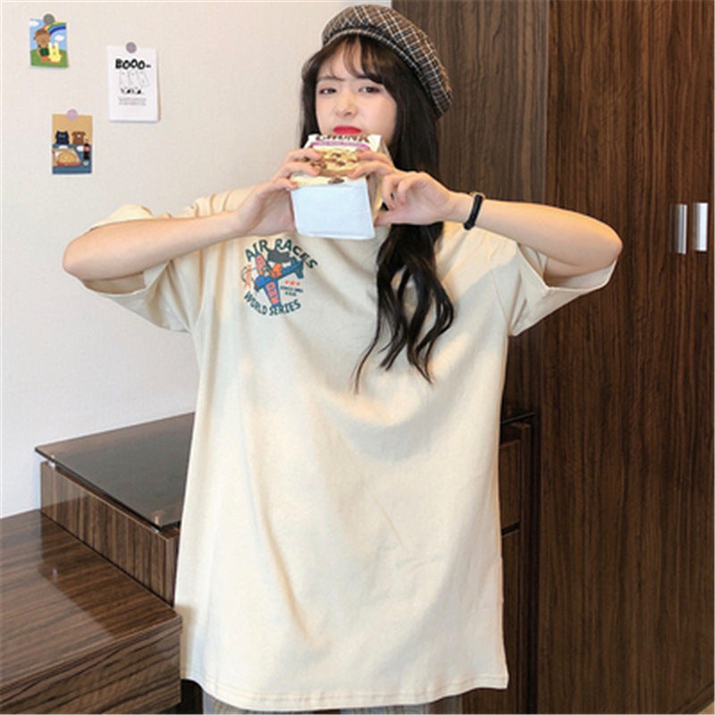 Clothes Cartoon Print Loose Short-sleeved Apricot Top