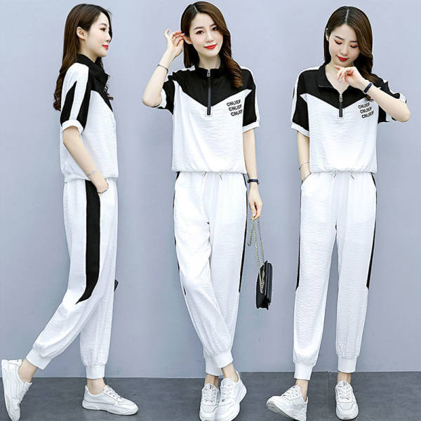 Fashion Color Contrast Stitching Suit Leisure Sports Age Reduction Two-piece Female