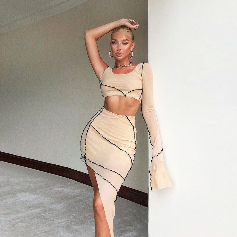 Personalized Flare Sleeve Mesh Irregular Skirt