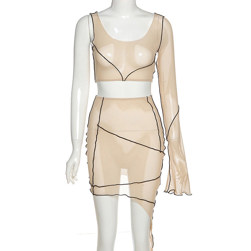 Personalized Flare Sleeve Mesh Irregular Skirt