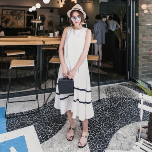 Loose Black And White Striped Sleeveless A-line Skirt With Big Swing Dress Temperament
