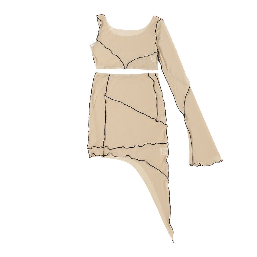Personalized Flare Sleeve Mesh Irregular Skirt