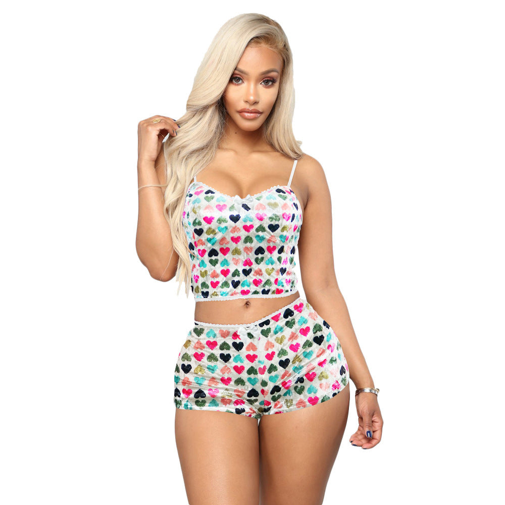 Hollow Sexy Print Slim Velvet Two-piece Suit