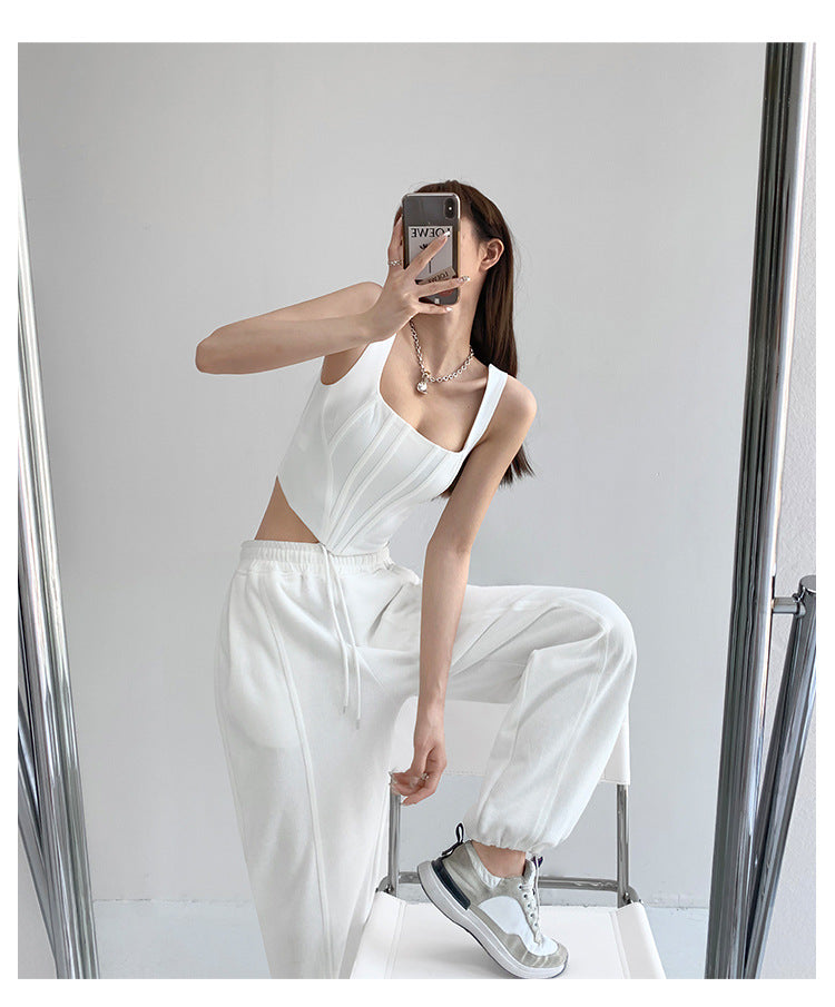 Square Collar Fishbone Waist Girdle Spaghetti-strap Camisole Top