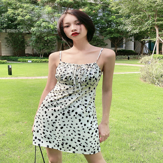 Slim And Cute Cow Drawstring Strap Dress