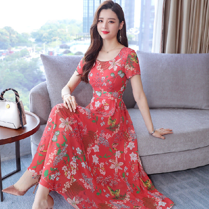 Temperament Was Thin Floral Round Neck Large Swing Skirt Korean Version