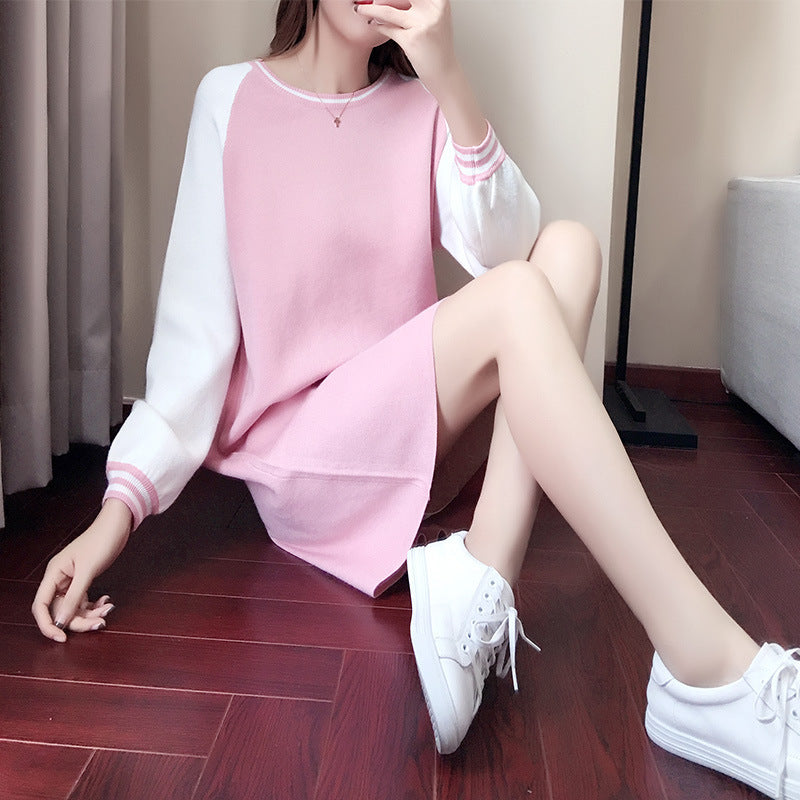 Loose Round Neck Korean Solid Color High Waist Base Skirt