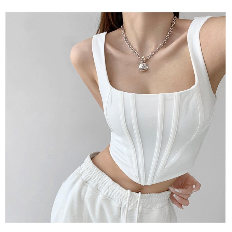 Square Collar Fishbone Waist Girdle Spaghetti-strap Camisole Top