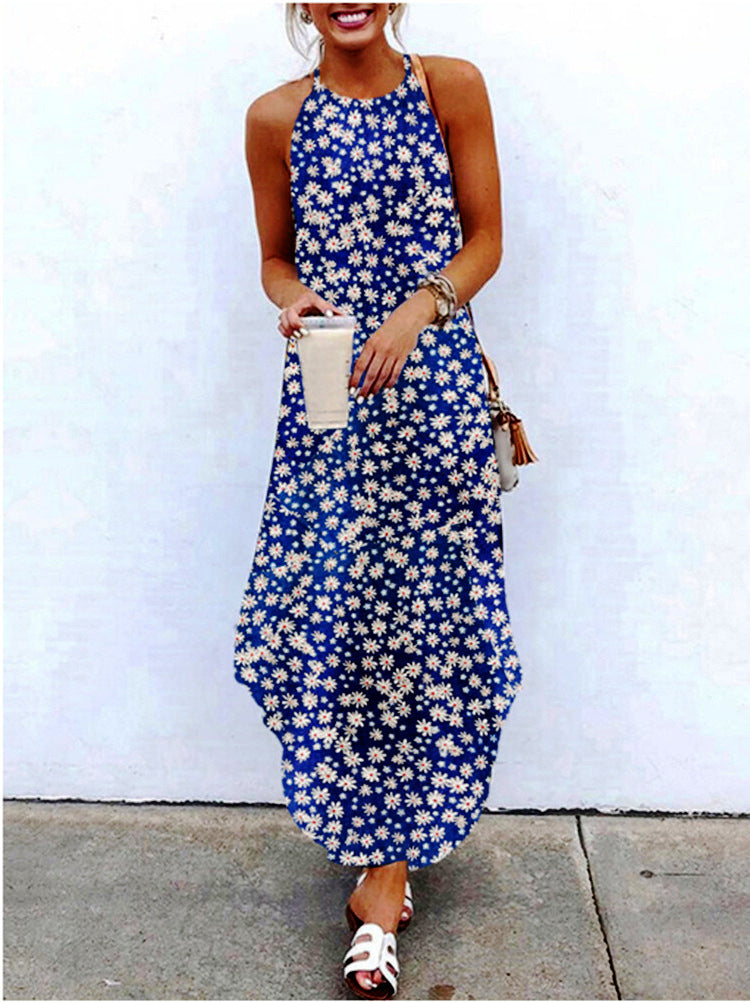 Summer New Style Long Women's Sling Bohemian Print Irregular Loose Sling Dress
