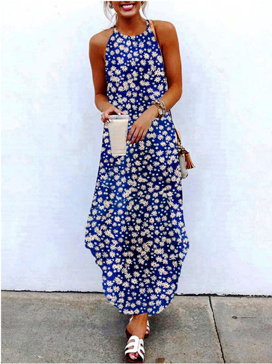 Summer New Style Long Women's Sling Bohemian Print Irregular Loose Sling Dress