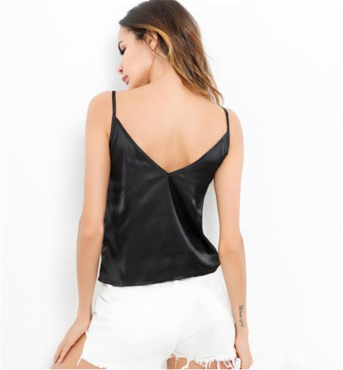 New V-neck Sleeveless Lace Stitching Artificial Silk Women's Vest
