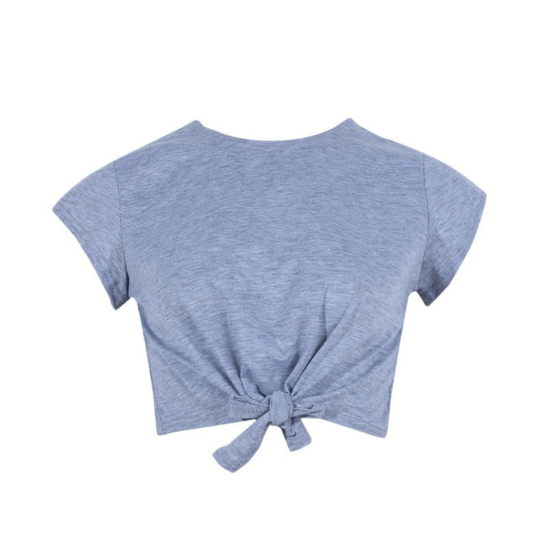 European And American Simple Short-sleeved Bow Lace-up Navel T-shirt Short Top