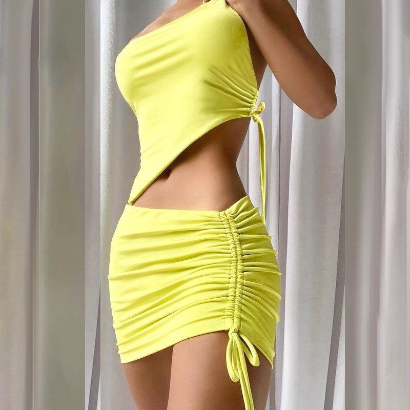 European And American Summer Ins New Solid Color Shoulder Crimp Short Skirt Two-piece Set Fashion Casual Set