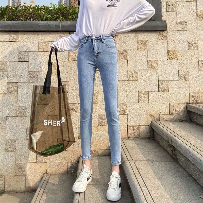 Light-colored Jeans Women's High-waisted Slim-fitting Stretchy Tight-fitting Feet Nine-point Pencil