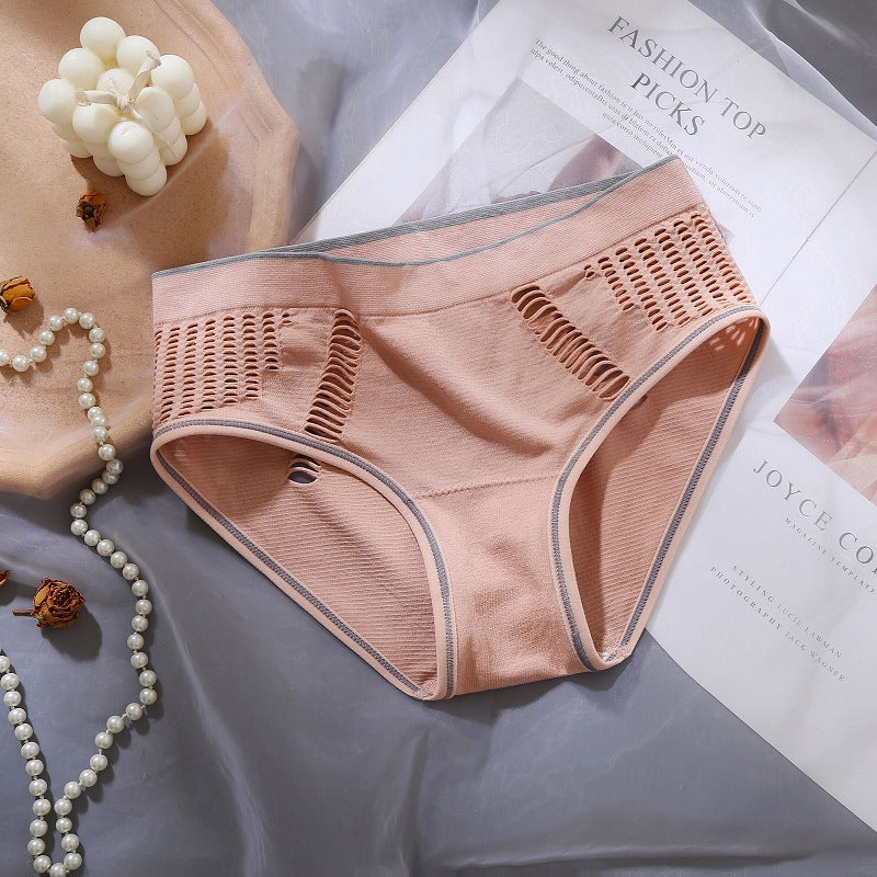 Female Sense Lace Edge Mid-waist Seamless Hollowed Out Traceless Solid Color Briefs High Bounce