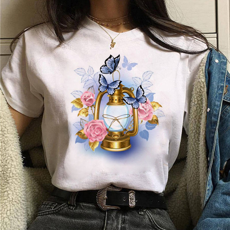 Butterfly Flower Ice Cream Print Short Sleeve