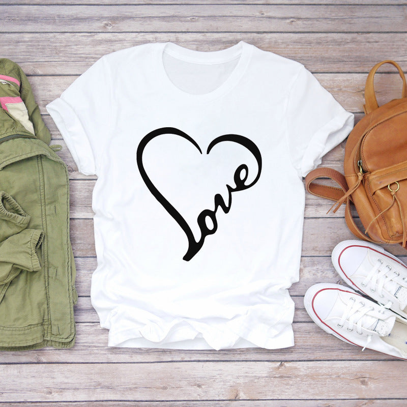 Watercolor Love Fashion Print Short-sleeved T-shirt Women's Trend