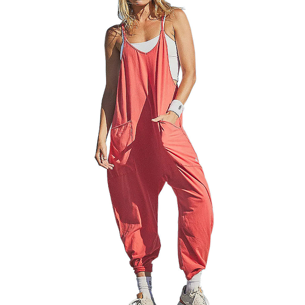 Women's Fashion Solid Color V-Neck Sling Pocket Jumpsuit