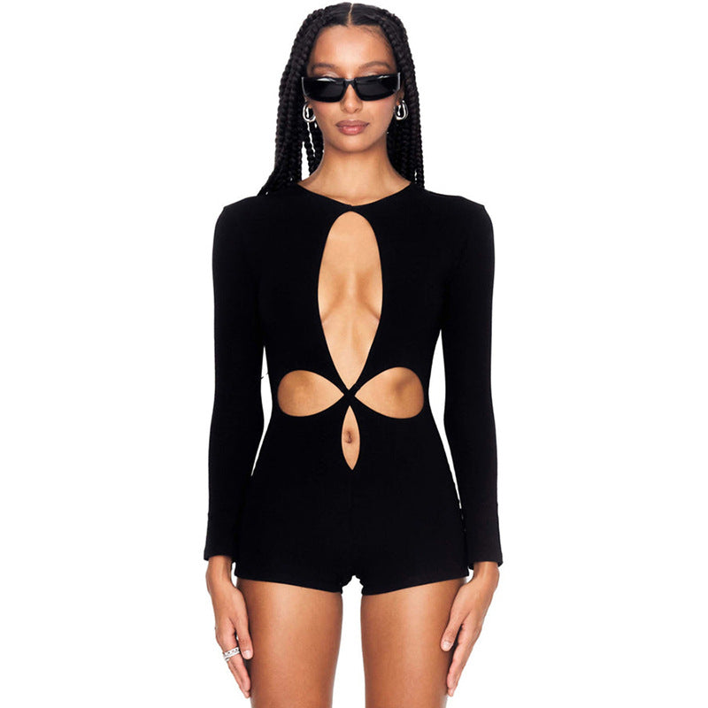 Women's Round Neck Long Sleeve Fashion Hollowed-out Sheath Jumpsuit Casual Pants For Women
