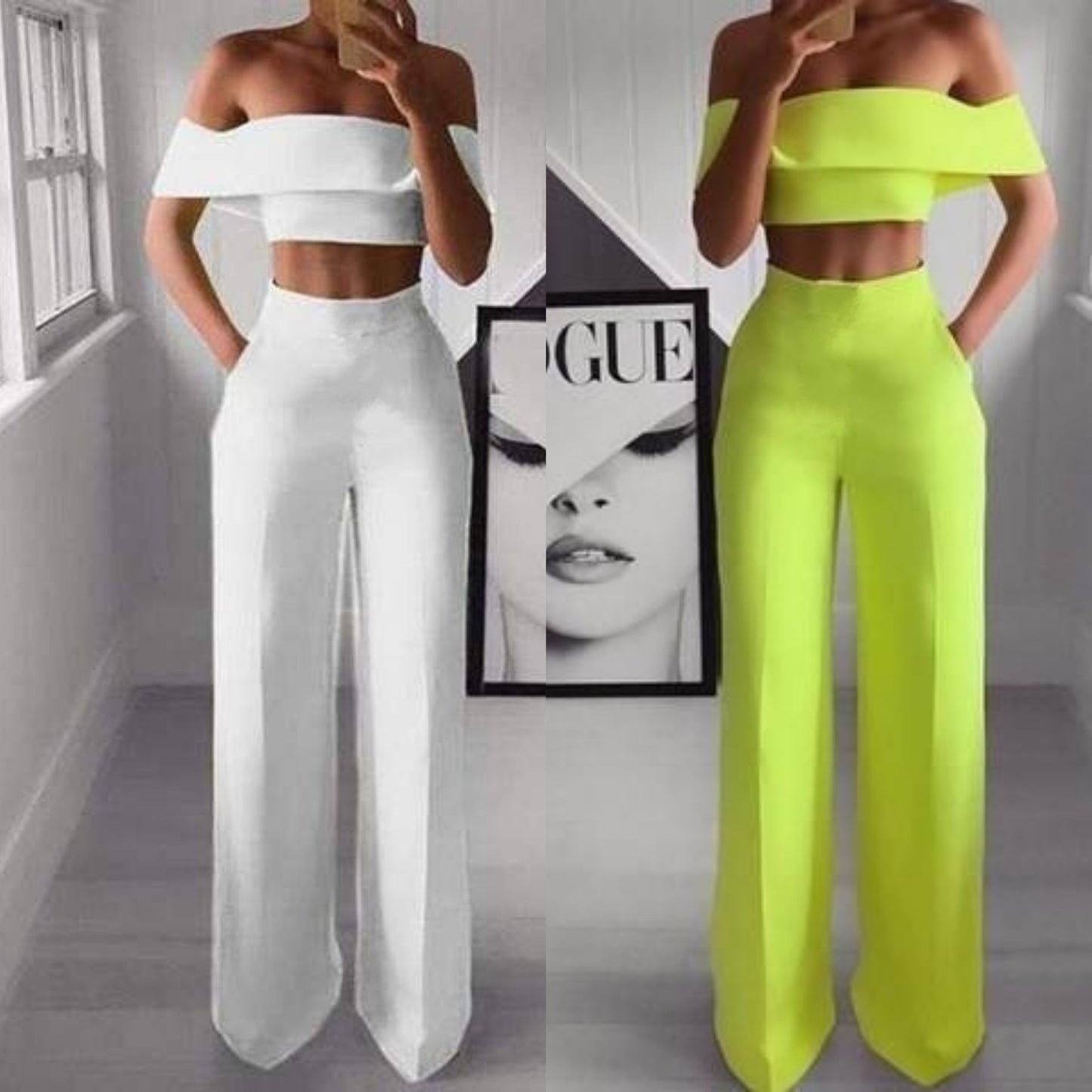 Omulka Flounces 2-Piece Women's Cropped Top And Wide-leg Pantsuit Fall  Office Women's Shiny Green Set